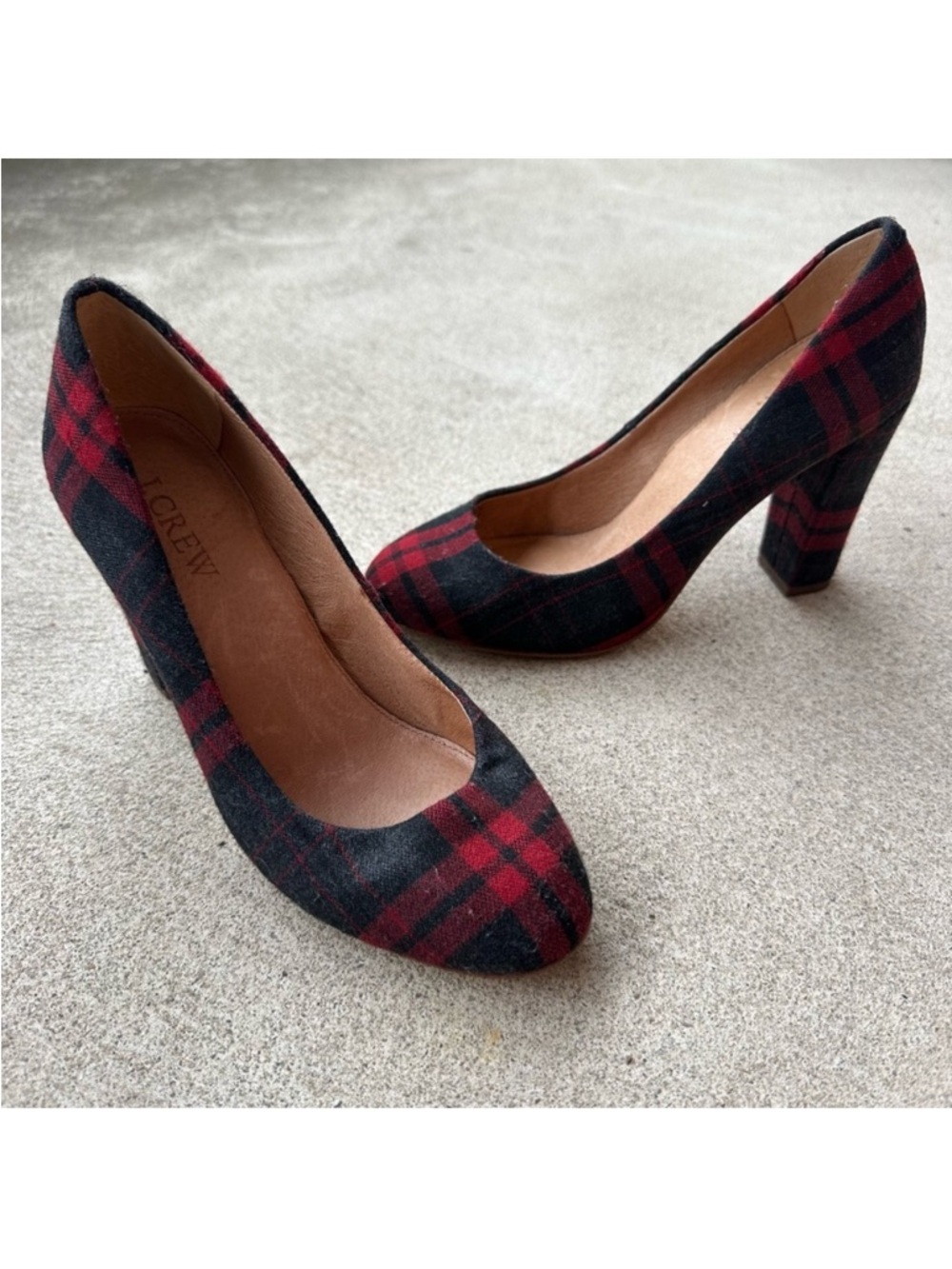 J.Crew Plaid Wool Block Heel Pumps Red Black Tartan Preppy Academia Heels 6.5